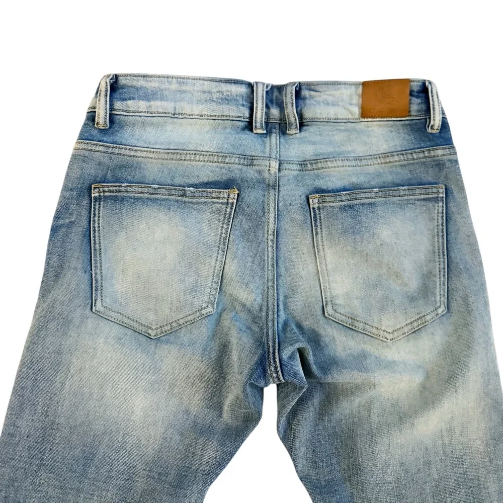 Crysp Denim Men's‎ Distressed Ripped Patch Jeans Sz 28 Blue 28x31 Moto Fit Biker